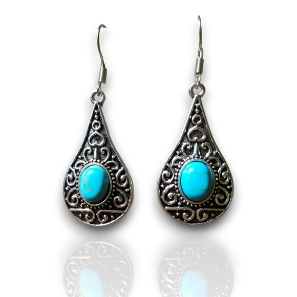 Blue Turquoise Dangle Earrings – Handmade Boho Silver Drop Jewelry for Women - Picture 1 of 14